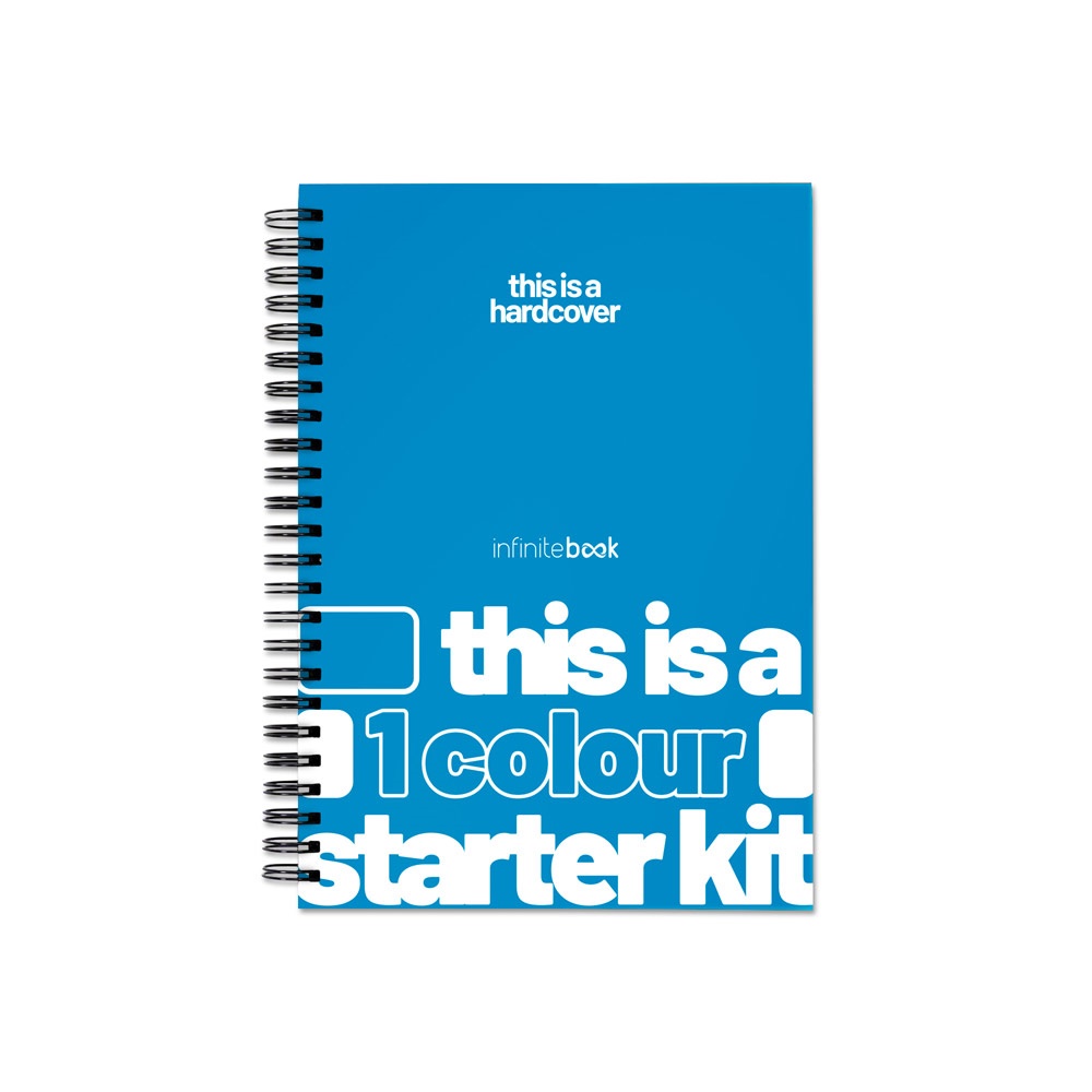 CUSTOMIZABLE HARDCOVER A5 STARTER KIT - 1 COLOUR. Kit de démarrage A5 « Infinitebook » avec couverture rigide, permettant une personnalisation en une couleur sur la couverture et au dos