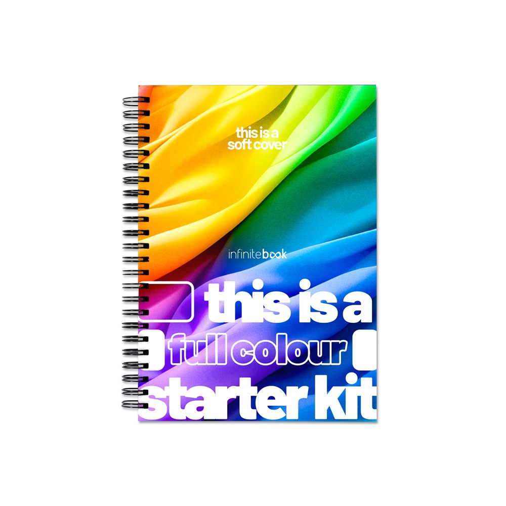 FLEXIVE COVER A4 STARTER KIT - FULL COLOUR. Kit de démarrage A4 « Infinitebook » avec couverture souple, permettant une personnalisation « Full Colour » sur la couverture et le dos