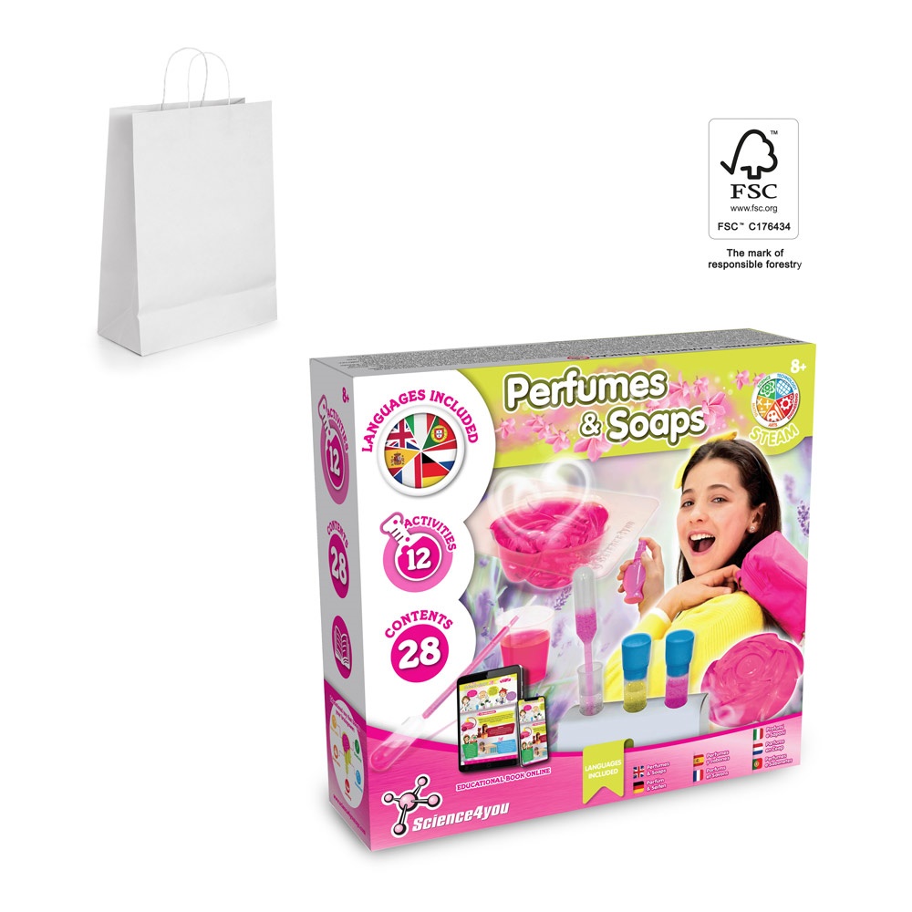 Perfume & Soap Factory Kit II. Jeu éducatif livré avec un sac cadeau en papier kraft (90 g/m²), fabriqué à partir de matériaux certifiés FSC™ et d'autres matériaux certifiés
