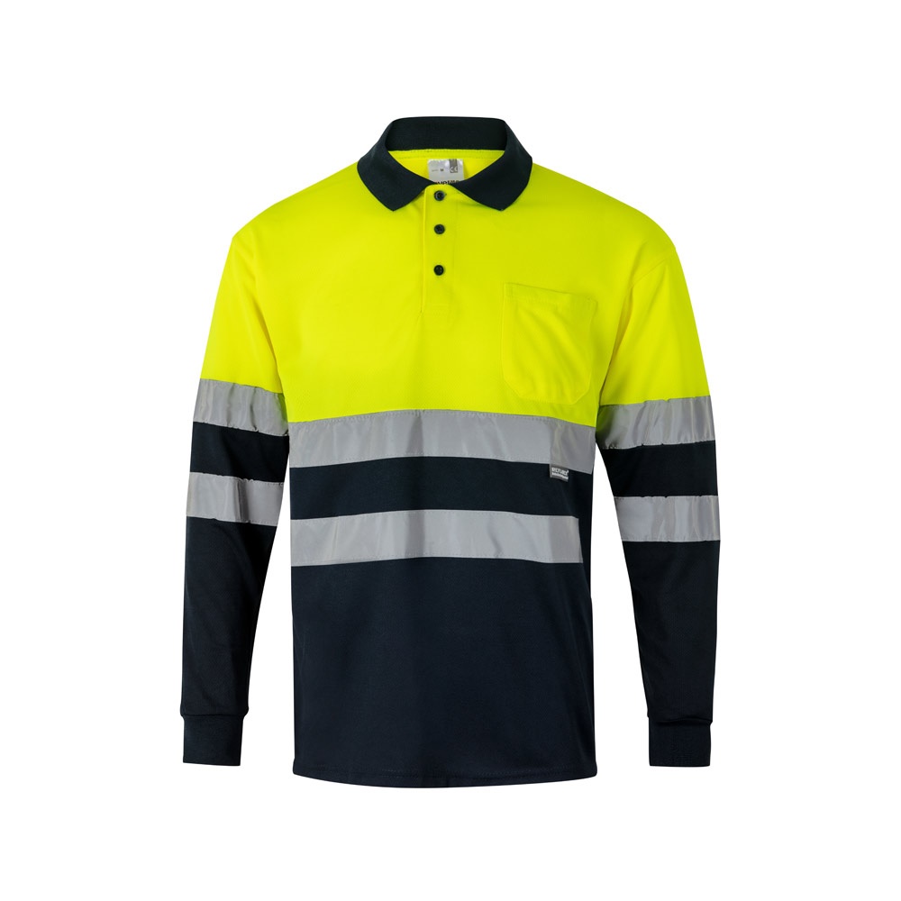VL VULCAN. Polo bicolor bird-eye (160g/m²) de manga comprida, em poliéster (100%)
