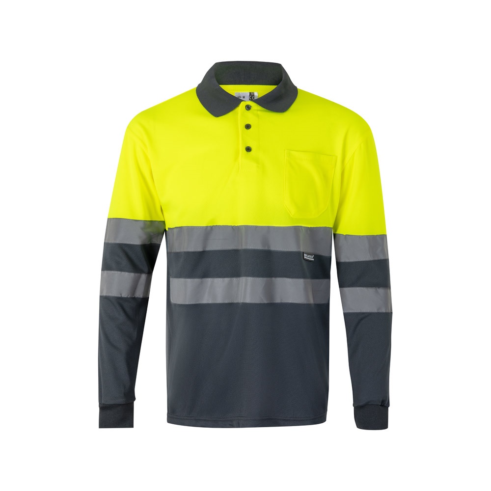 VL VULCAN. Polo bicolor bird-eye (160g/m²) de manga comprida, em poliéster (100%)