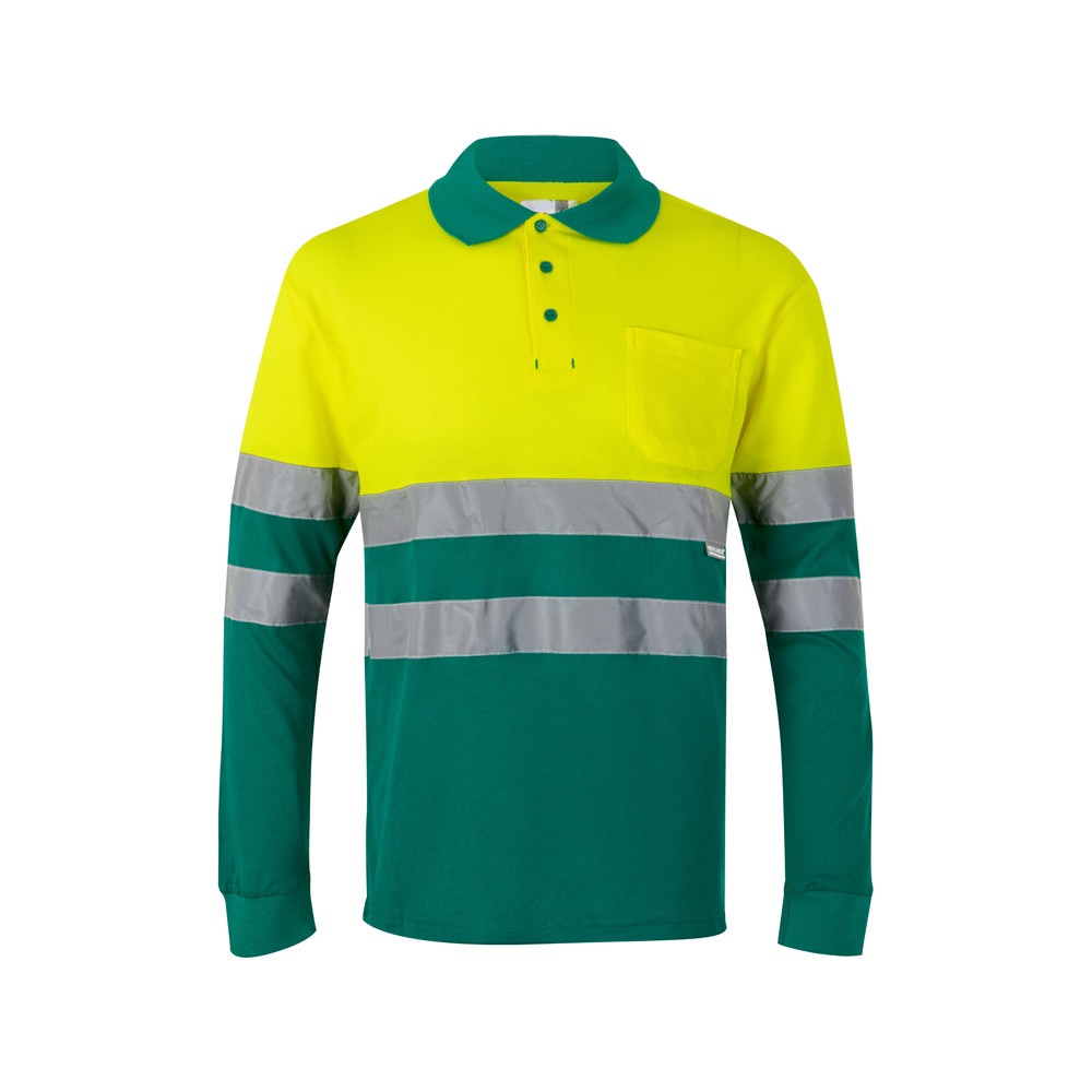 VL PLUTO. Polo bicolor piqué (150g/m²) de manga comprida, em algodão (55%) e poliéster (45%)