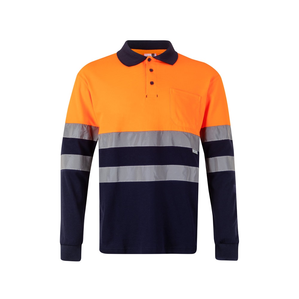 VL PLUTO. Polo bicolor piqué (150g/m²) de manga comprida, em algodão (55%) e poliéster (45%)