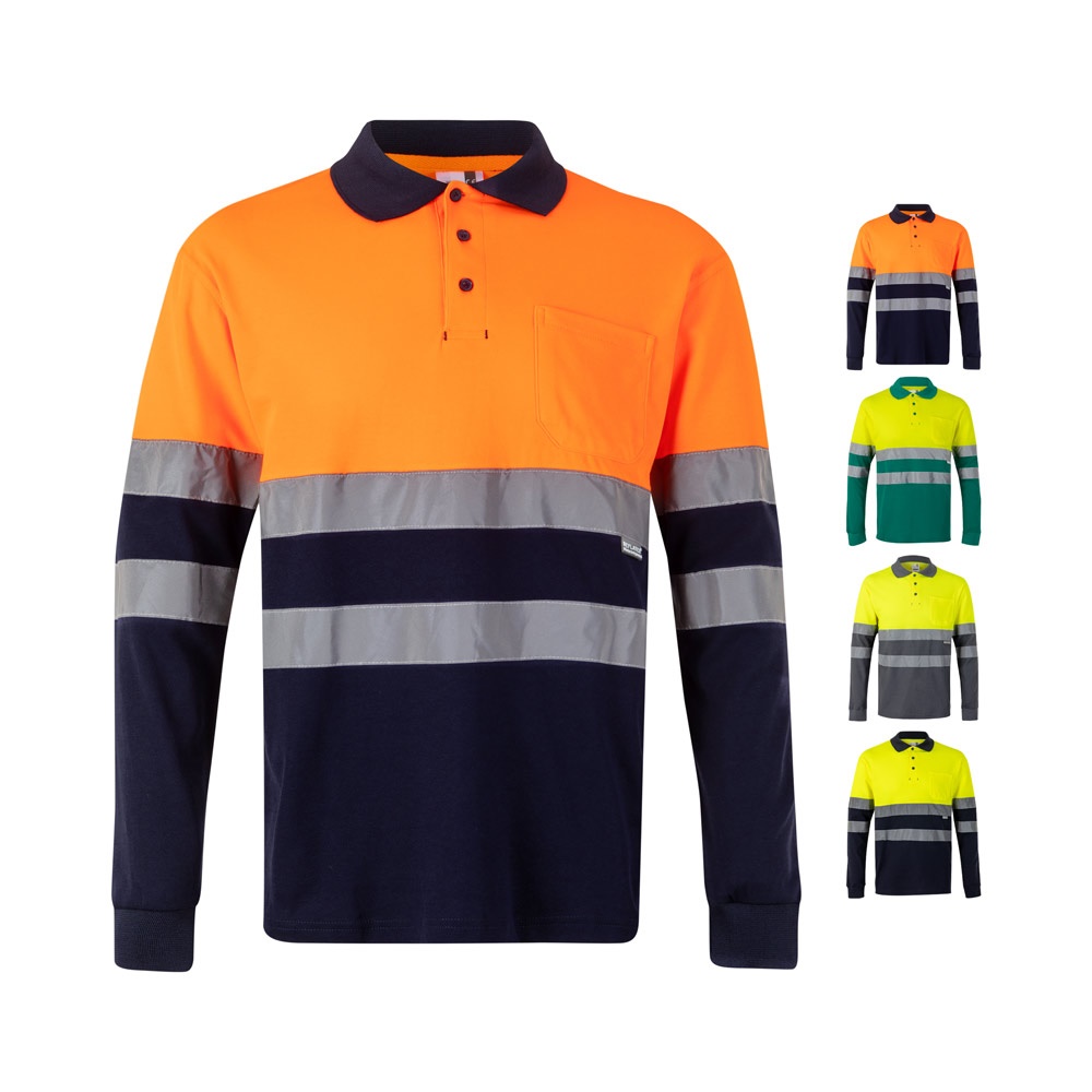 VL PLUTO LARGE. Polo bicolor piqué (150g/m²) de manga comprida, em algodão (55%) e poliéster (45%)