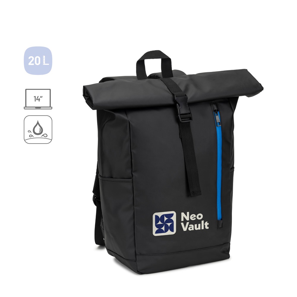 OSASCO BPACK. Batoh s rolovacím vrchom so zipsovým systémom, ktorý umožňuje zrolovať vrch na prispôsobenie objemu batohu, vyrobený z 600D recyklovanej polyesterovej tkaniny