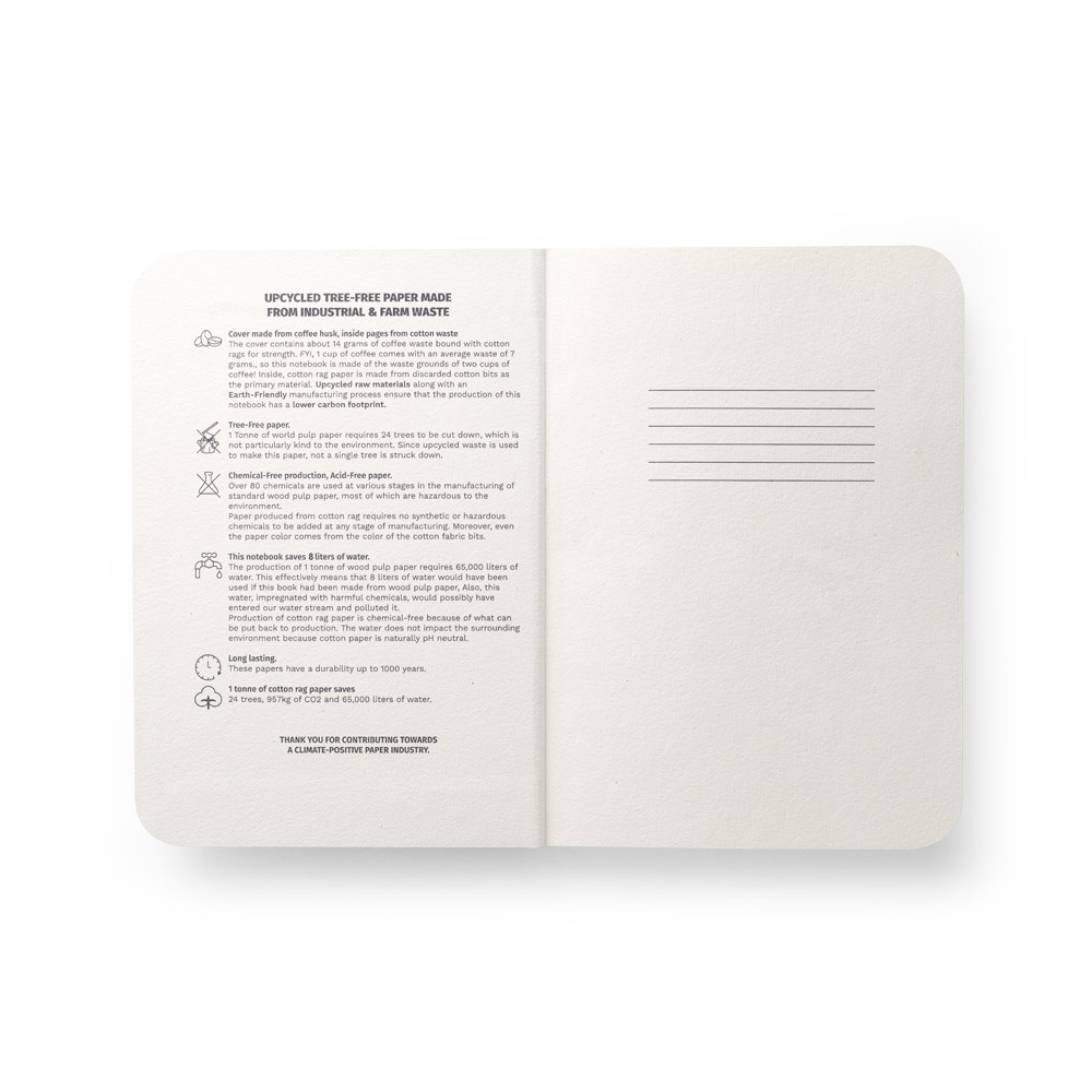 COFFEEPAD SEMI-RIGID. Bloc-notes A5 avec couverture semi-rigide fabriquée à partir de déchets de coques de café (65%)