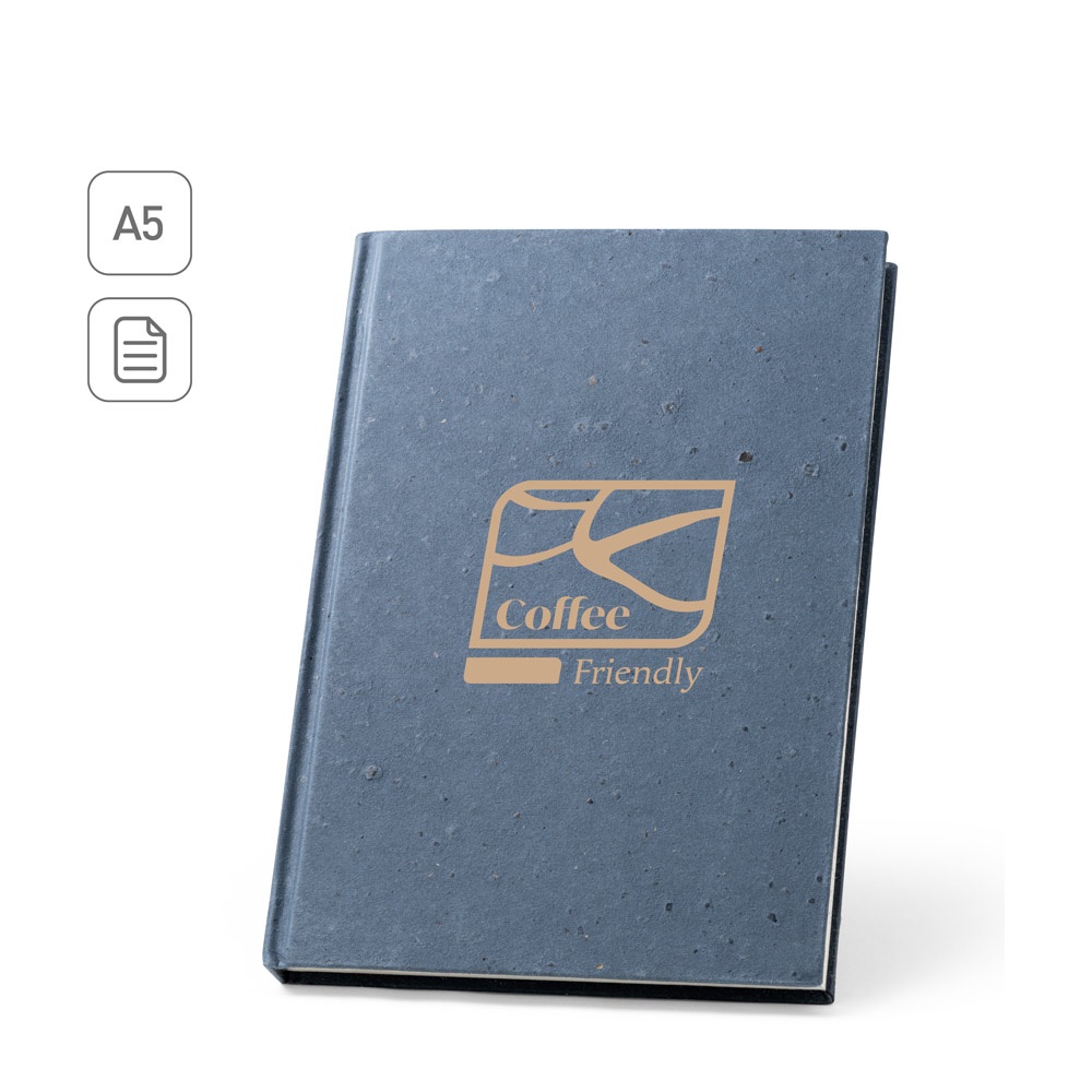 COFFEEPAD RIGID. Bloc-notes A5 avec couverture rigide fabriquée à partir de déchets de coques de café (65%)