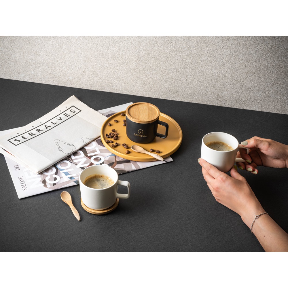 FANGIO. Tasse en céramique 220 mL avec couvercle et base en bambou