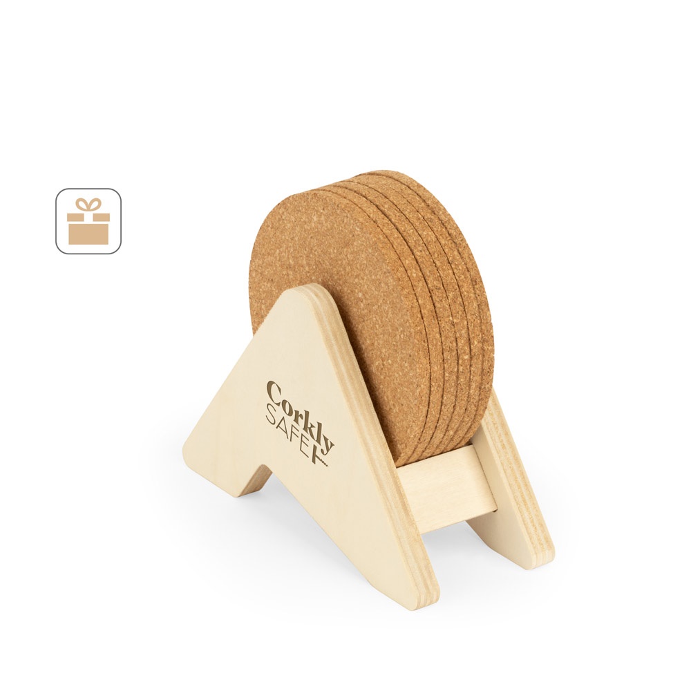 PLYCORK. Stojan z preglejky so 6 korkovými podložkami