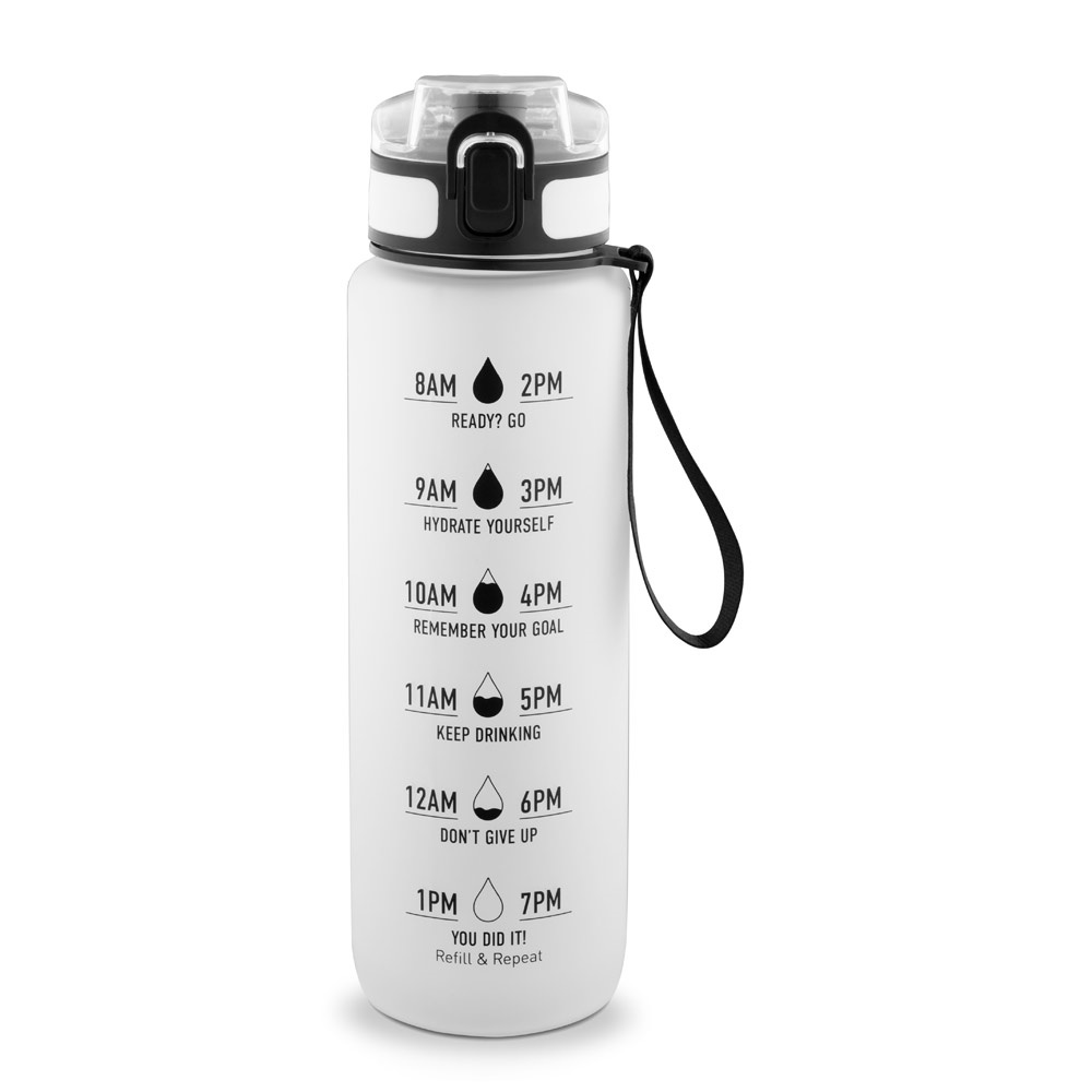 ERIKSSON. Bouteille en PET recyclé (100 % rPET), ornée de citations motivantes et d'indications horaires pour vous encourager à boire de l'eau et à rester hydraté tout au long de la journée