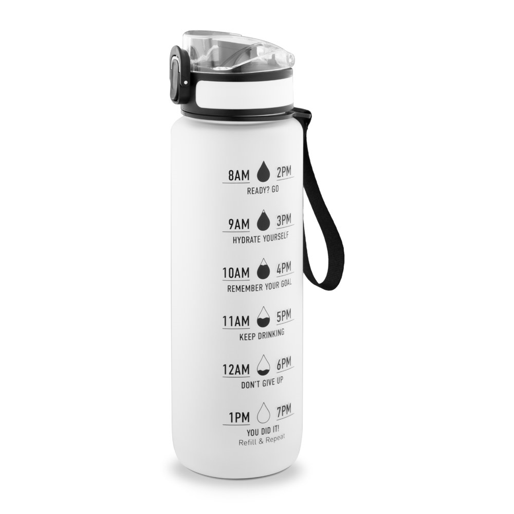 ERIKSSON. Bouteille en PET recyclé (100 % rPET), ornée de citations motivantes et d'indications horaires pour vous encourager à boire de l'eau et à rester hydraté tout au long de la journée