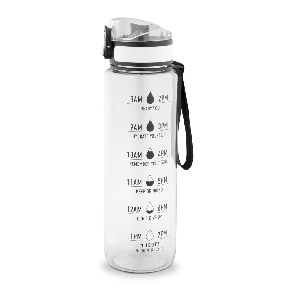 ERIKSSON. Bouteille en PET recyclé (100 % rPET), ornée de citations motivantes et d'indications horaires pour vous encourager à boire de l'eau et à rester hydraté tout au long de la journée