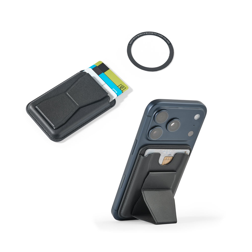 CONNOR. Porta-cartões magnético em PU, de fácil fixação na parte traseira do telemóvel, com bloqueio RFID
