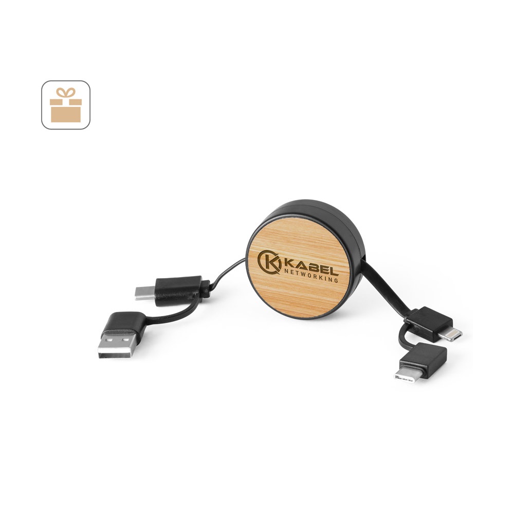 RUBINS. Câble USB rétractable 6 en 1 en ABS recyclé (100 % rABS) et bambou