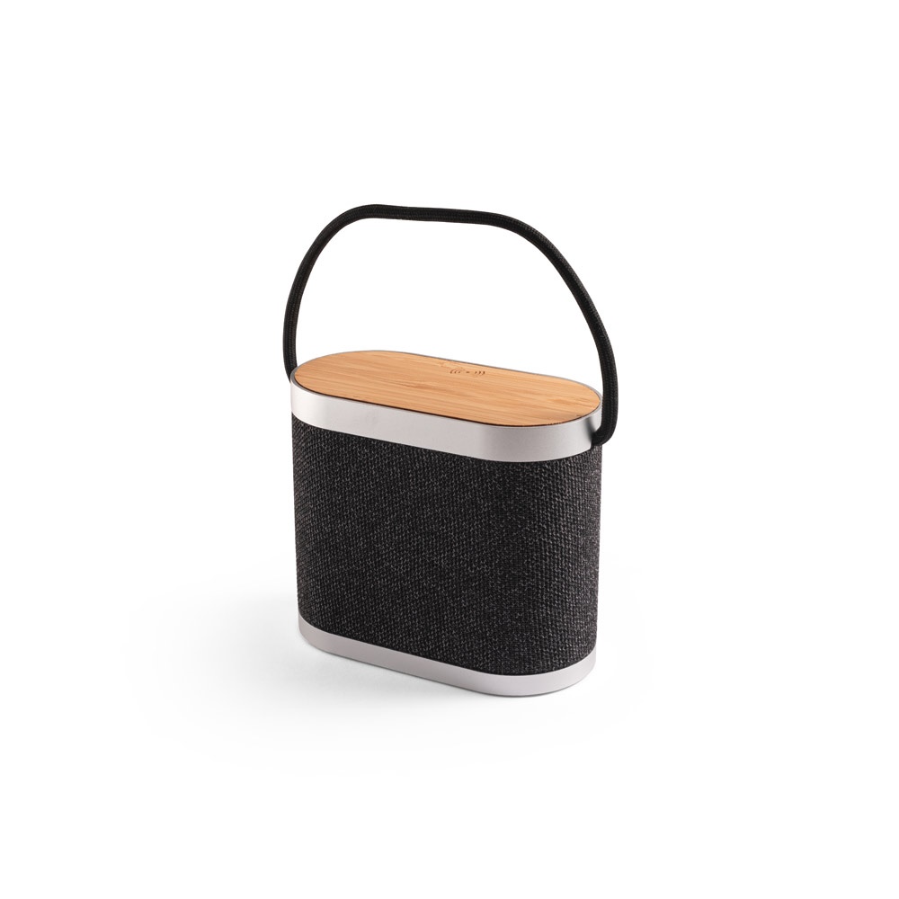 GUETTA. Enceinte portable de 5 W avec chargeur sans fil ultra-rapide de 15 W et autonomie de 2 h en bambou et PET recyclé (100 % rPET)