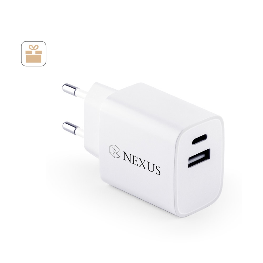 WEGENER. Napájací adaptér s USB-A portom 18W a USB-C 20W v recyklovaného ABS-a (100% rABS)