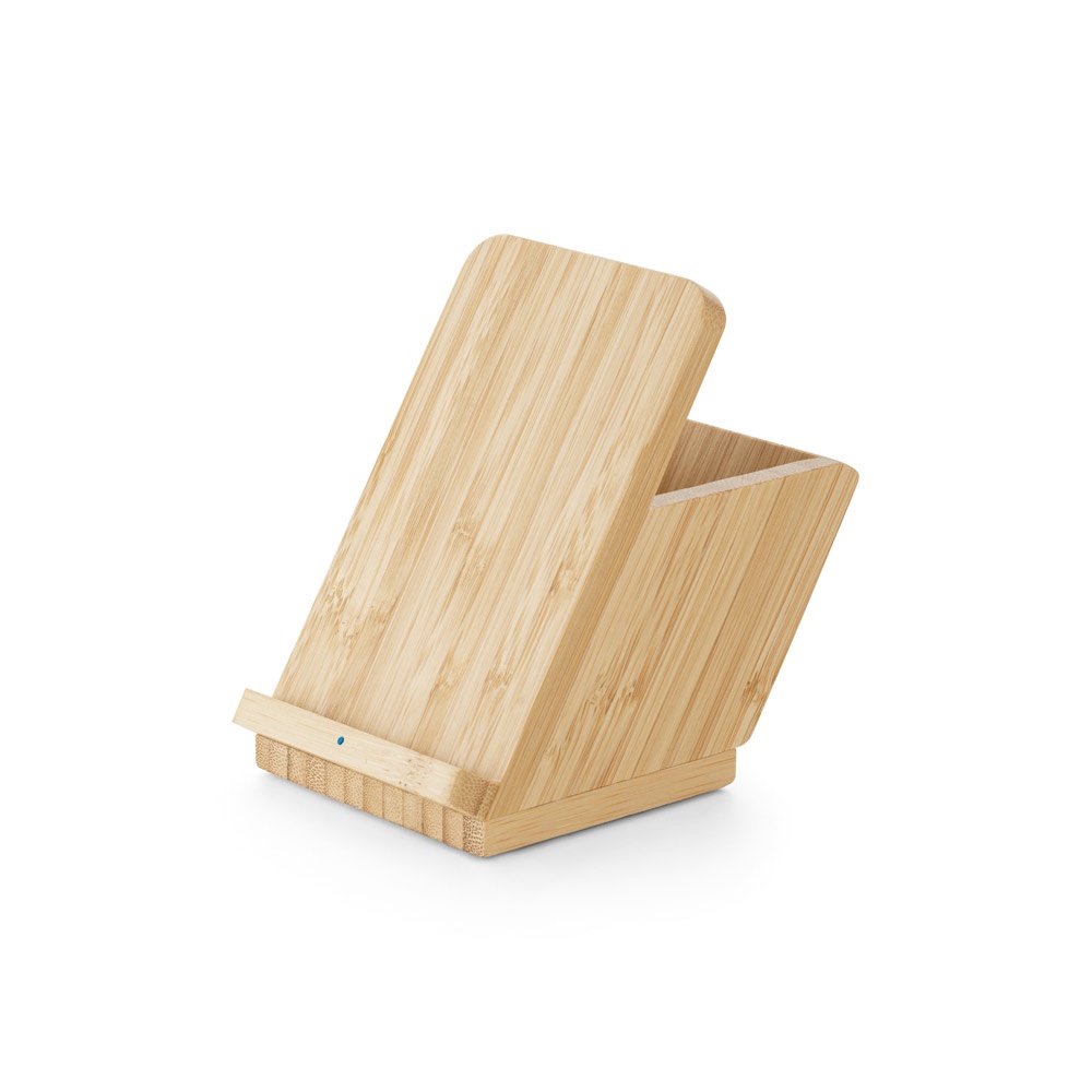 LEAVITT. Porte-smartphone et porte-stylos avec chargeur sans fil rapide 10W en bambou