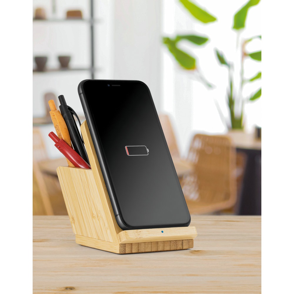 LEAVITT. Porte-smartphone et porte-stylos avec chargeur sans fil rapide 10W en bambou