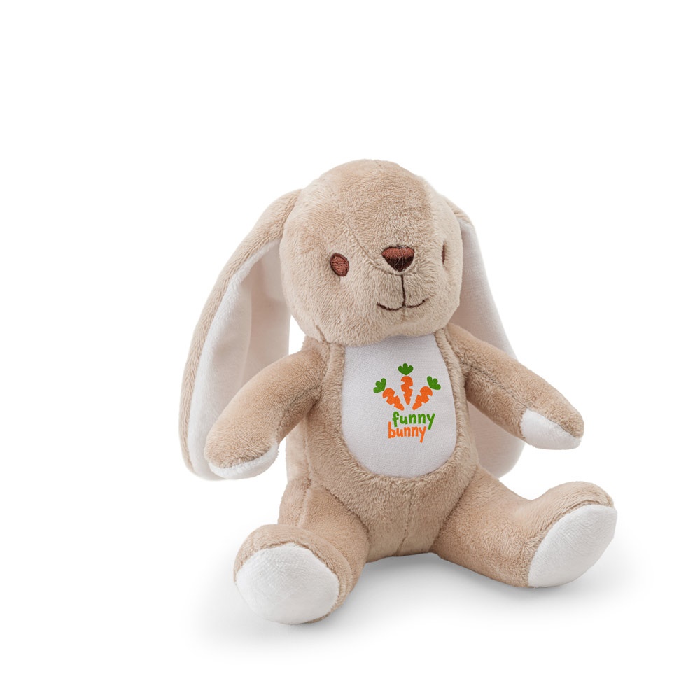 Vue 6 de BUGS. Peluche en polyester en forme de lapin, avec son propre tissu pour la personnalisation