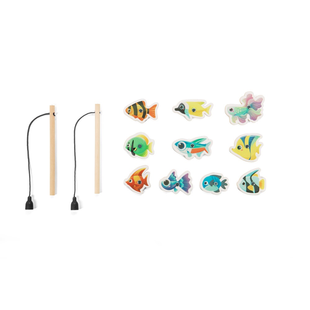 FISHY. Jeu de pêche composé de 10 poissons en bois, idéal pour les enfants