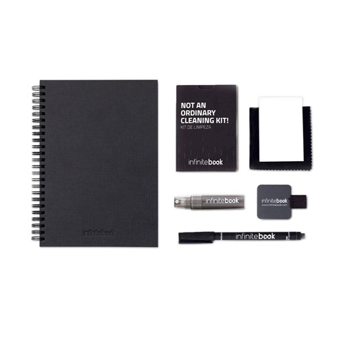 STARTER KIT INFINITEBOOK A5 PLANNER TEXTURE. Kit composto por “Infinitebook” com capa dura, 1 kit de limpeza, 1 marcador e 1 suporte para esferográfica
