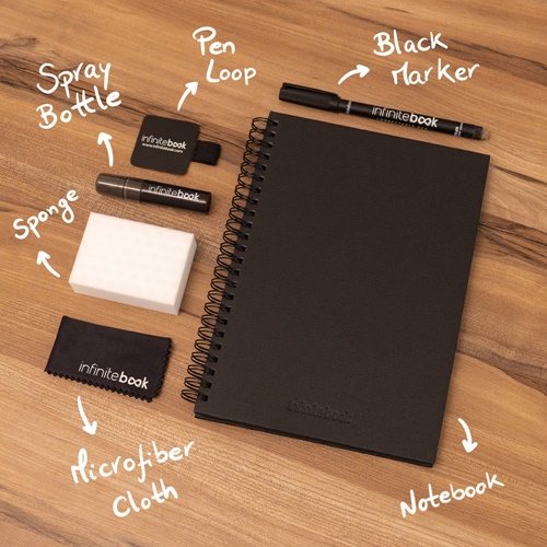 STARTER KIT INFINITEBOOK A5 PLANNER TEXTURE. Kit composto por “Infinitebook” com capa dura, 1 kit de limpeza, 1 marcador e 1 suporte para esferográfica