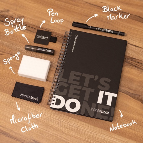 STARTER KIT INFINITEBOOK. Kit composto por “Infinitebook” com com capa dura, 1 kit de limpeza, 1 marcador e 1 suporte para esferográfica