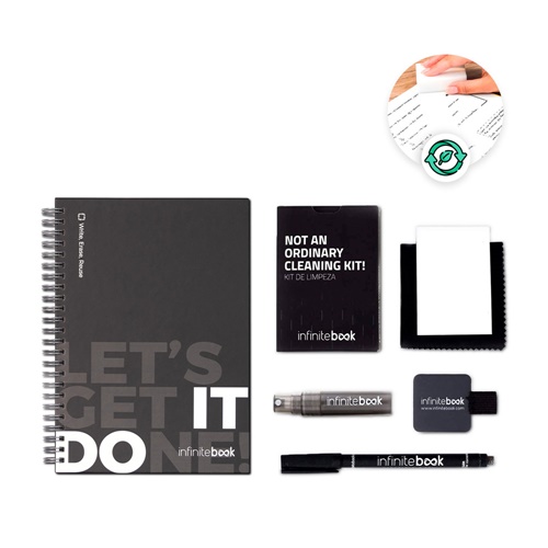 STARTER KIT INFINITEBOOK. Kit composto por “Infinitebook” com com capa dura, 1 kit de limpeza, 1 marcador e 1 suporte para esferográfica