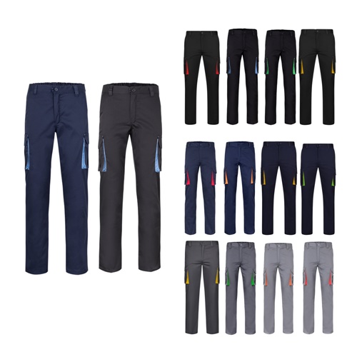 VL FIDES. Calças stretch bicolor multibolsos (240g/m²), em algodão (46%), EME (38%) e poliéster (16%)