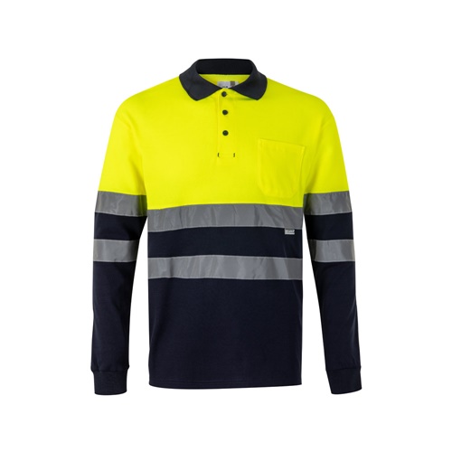 VL PLUTO. Polo bicolor piqué (150g/m²) de manga comprida, em algodão (55%) e poliéster (45%)