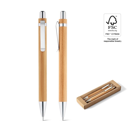 GREENY. Conjunto de esferográfica e lapiseira em bambu