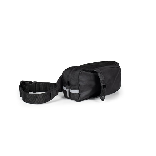 DELFOS POUCH SHINY. Bolsa de cintura em poliéster reciclado 300D (acabamento brilhante) e poliéster reciclado 600D com elementos refletores
