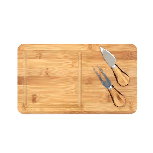 WOODS. Tábua de queijos em bambu com 2 utensílios em bambu e aço inoxidável