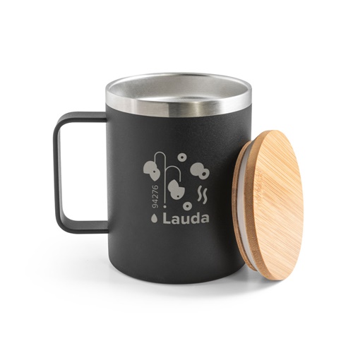 LAUDA. Caneca em 90% de aço inoxidável reciclado com tampa em bambu 420 mL