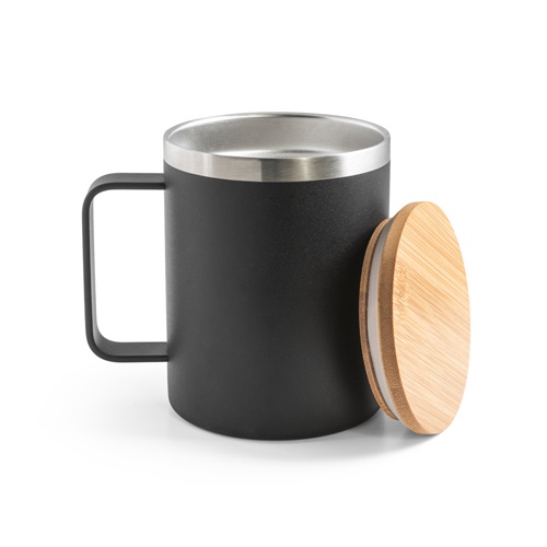 LAUDA. Caneca em 90% de aço inoxidável reciclado com tampa em bambu 420 mL