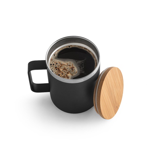 LAUDA. Caneca em 90% de aço inoxidável reciclado com tampa em bambu 420 mL