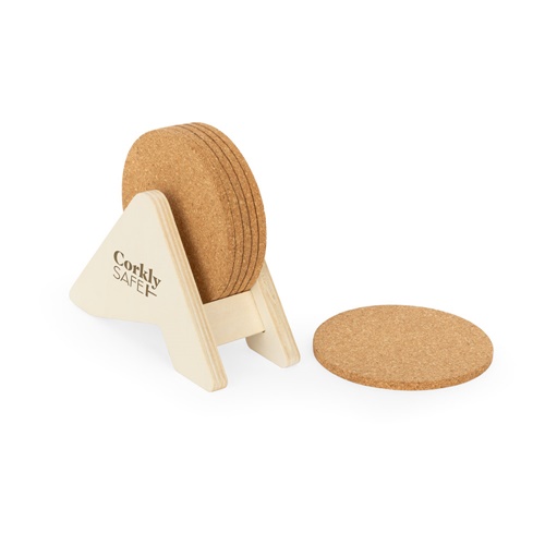 PLYCORK. Suporte em contraplacado com 6 bases para copos em cortiça