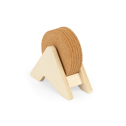 PLYCORK. Suporte em contraplacado com 6 bases para copos em cortiça