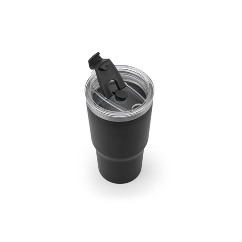 JOYNER M. Copo de viagem compacto em aço inoxidável (91% reciclado) com parede dupla isolada a vácuo e acabamento mate 600 mL