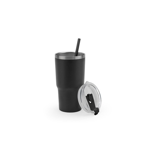 JOYNER M. Copo de viagem compacto em aço inoxidável (91% reciclado) com parede dupla isolada a vácuo e acabamento mate 600 mL