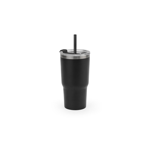 JOYNER M. Copo de viagem compacto em aço inoxidável (91% reciclado) com parede dupla isolada a vácuo e acabamento mate 600 mL