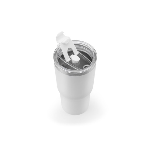 JOYNER M. Copo de viagem compacto em aço inoxidável (91% reciclado) com parede dupla isolada a vácuo e acabamento mate 600 mL
