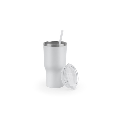 JOYNER M. Copo de viagem compacto em aço inoxidável (91% reciclado) com parede dupla isolada a vácuo e acabamento mate 600 mL