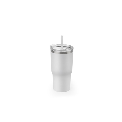 JOYNER M. Copo de viagem compacto em aço inoxidável (91% reciclado) com parede dupla isolada a vácuo e acabamento mate 600 mL