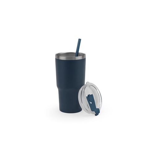 JOYNER M. Copo de viagem compacto em aço inoxidável (91% reciclado) com parede dupla isolada a vácuo e acabamento mate 600 mL