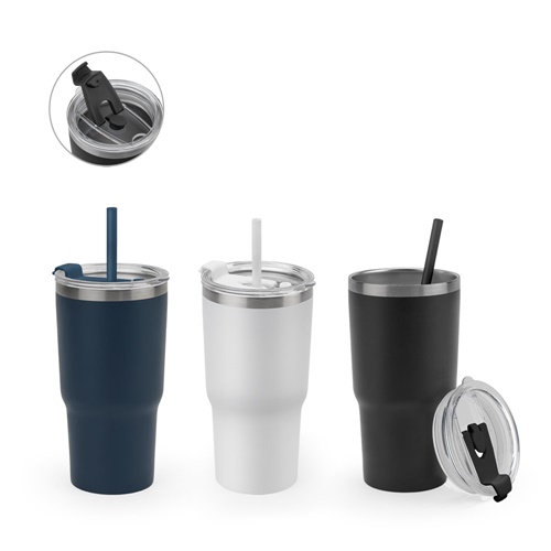 JOYNER M. Copo de viagem compacto em aço inoxidável (91% reciclado) com parede dupla isolada a vácuo e acabamento mate 600 mL