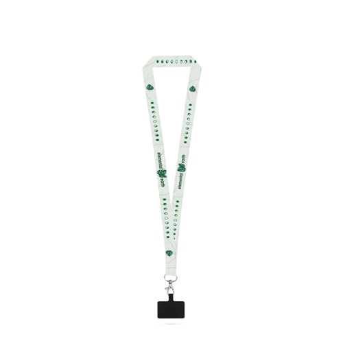 EPSOM. SET Lanyard SUBLIMATION Long II (20 mm) em poliéster reciclado (100% rPET) com mosquetão de gatilho 20 mm e suporte para telemóvel