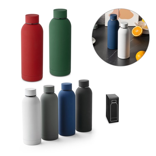 ODIN. Garrafa em aço inoxidável (36% reciclado) com acabamento em borracha 550 mL