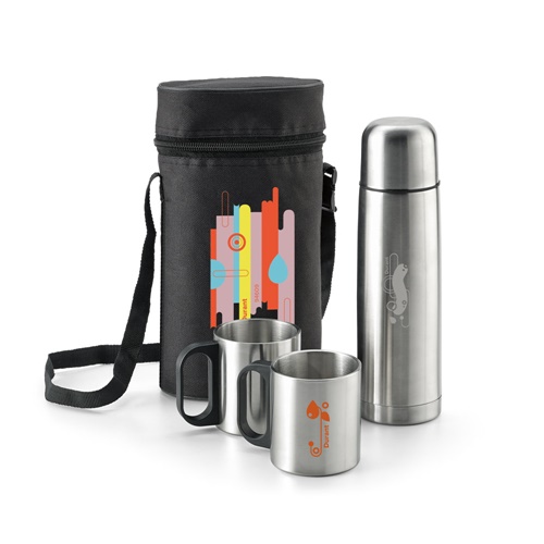 DURANT. Conjunto garrafa térmica e canecas em aço inoxidável