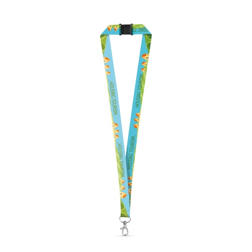 DOVER. SET Lanyard SUBLIMATION Long II (20 mm) em poliéster reciclado (100% rPET) com mosquetão de gatilho 20 mm e fecho de segurança